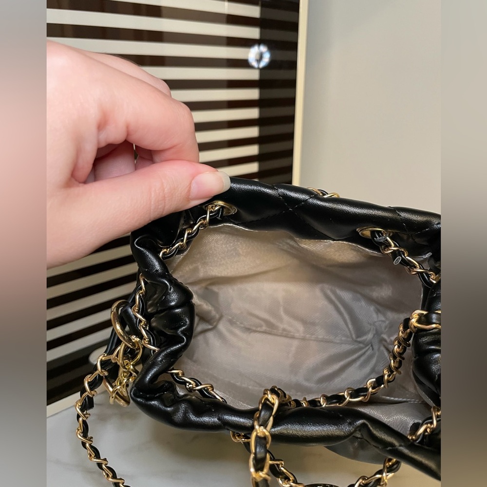 Black Quilted Mini Bucket Bag with Gold Chain Accent - Picture 4 of 13